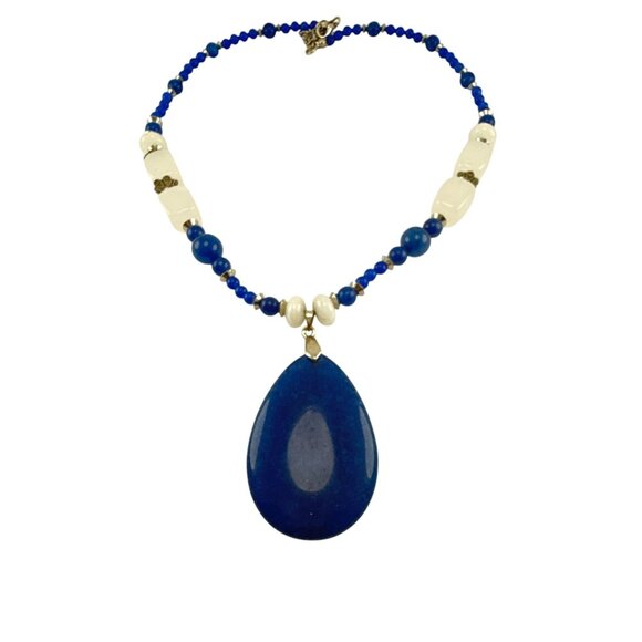 Blue Beaded Necklace with Large Teardrop Pendant and White Accent Beads - Picture 3 of 5